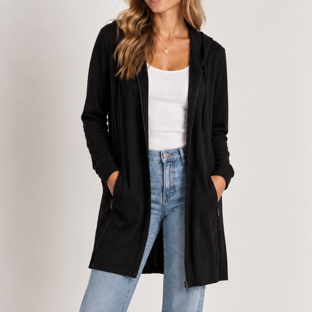 Eileen Fisher Hooded Longline Zip Jacket Quiet Luxury Old Money Dark Academia